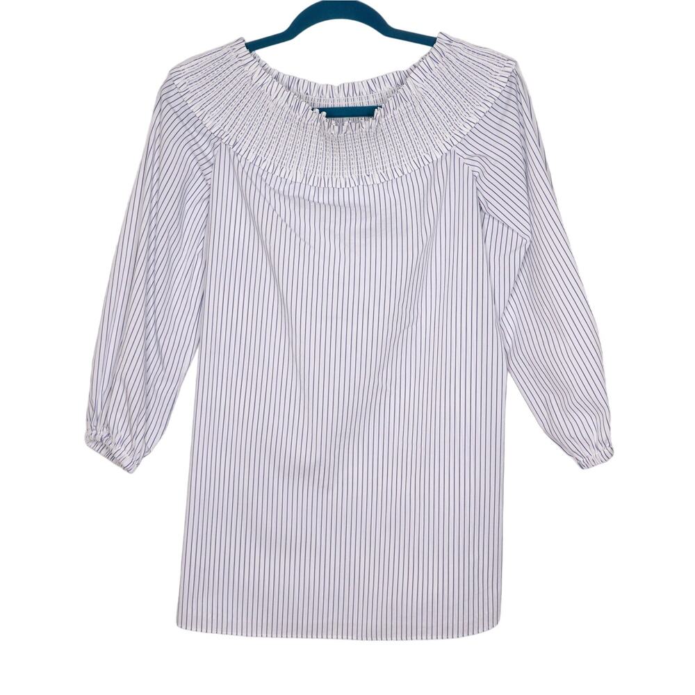 TIBI Samuel Off The Shoulder Poplin Top Smocked Striped White and Blue Women's 4
